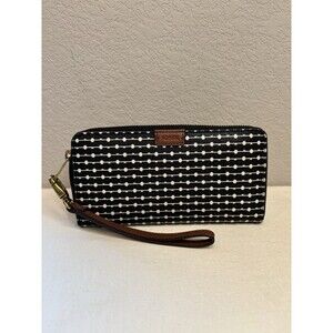 FOSSIL Emma RFID Black White Coated Canvas Zip Around Wallet Clutch Wristlet